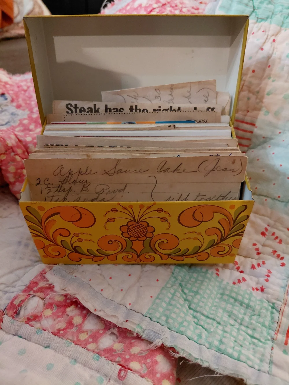 Vintage Yellow Decorative Recipe Box - Recipes Included.